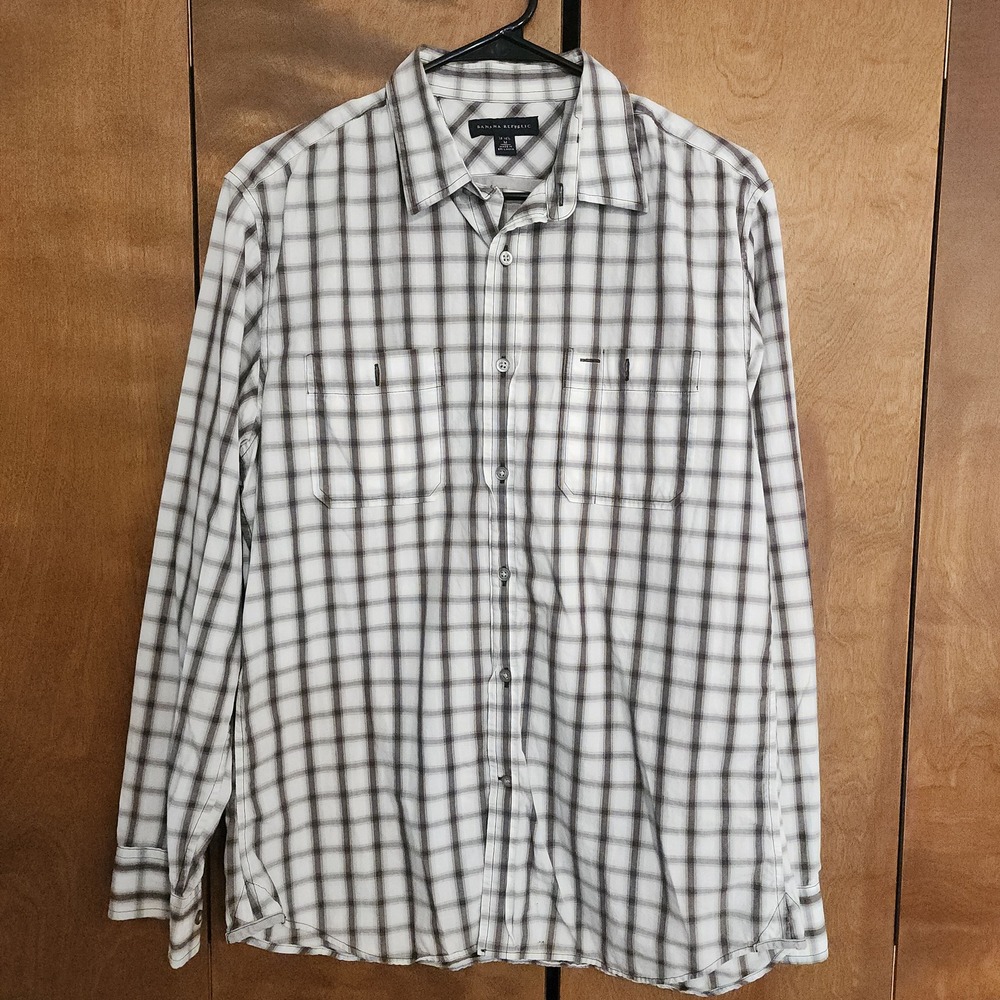 60.Banana Republic Mens Medium Plaid Button Down Shirt White Brown Long Sleeve M